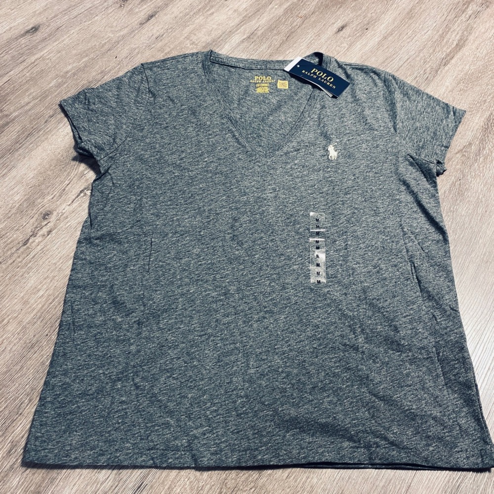 Polo Ralph Lauren Womens V-Neck T-Shirt‎ Grey Heather Pony Logo Size M NWT